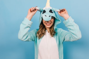 This girl's blue unicorn onesie is a perfect Halloween costume idea.