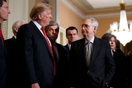 Donald Trump, Mitch McConnell. President Donald Trump talks to Senate Majority Leader Mitch McConnel...