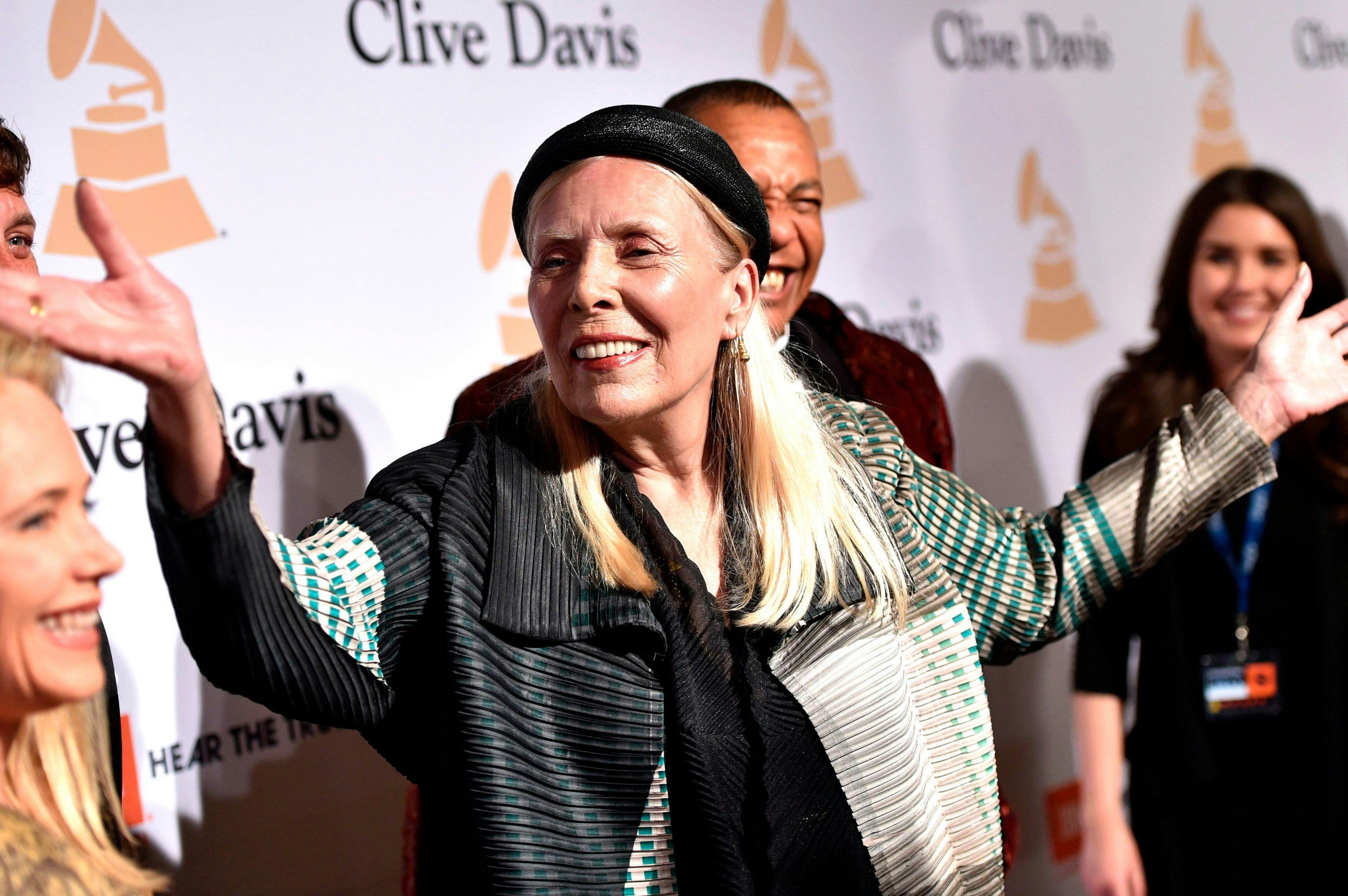 Joni Mitchell arrives at the 2015 Clive Davis Pre-Grammy Gala at the Beverly Hilton Hotel in Beverly...
