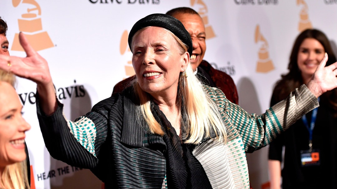Joni Mitchell arrives at the 2015 Clive Davis Pre-Grammy Gala at the Beverly Hilton Hotel in Beverly...