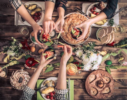 Traditional Easter celebration, Easter holiday party. Holiday friends or family at the festive table...