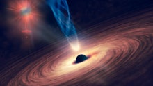 Abstract space wallpaper. Black hole with nebula over colorful stars and cloud fields in outer space...