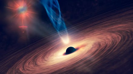 Black hole with nebula over colorful stars and cloud fields in outer space