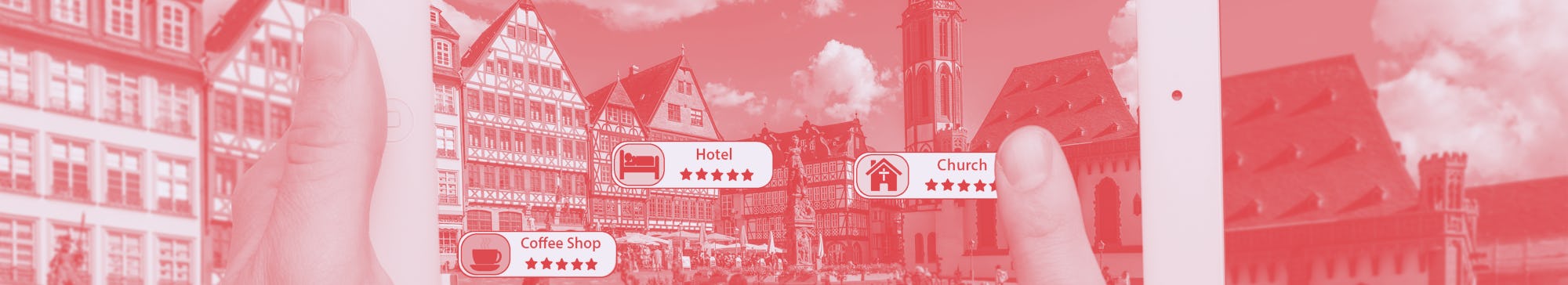 Hand holding smart phone use AR application to check relevant information about the spaces around cu...