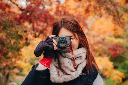 Pretty asian woman on wear winter cloth holding camera and shooting on beautiful autumn leave trees ...