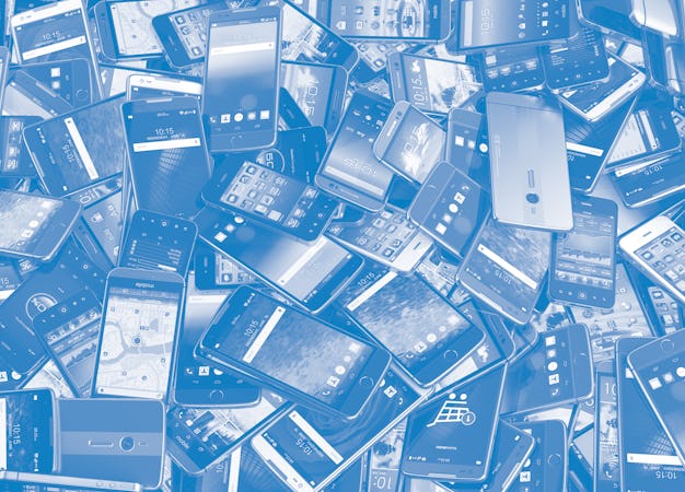 Choose mobile phone. Heap of the different smartphones with different application on the screen. Mod...