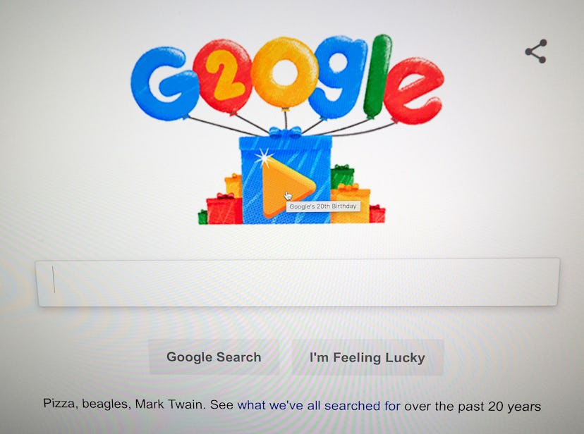 Google Doodles celebrates the search engine's 20th Anniversary as seen on the home page in Mountain ...
