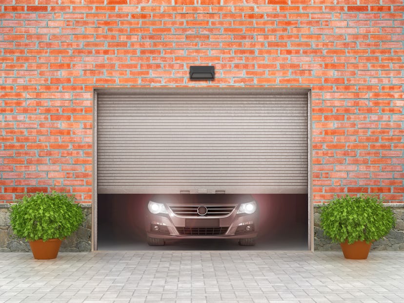 Garage concept. Garage doors are opened, and behind them is a car. 3d illustration