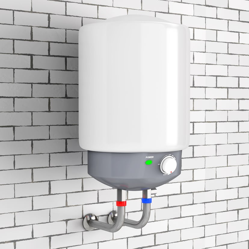 Modern Automatic Water Heater in front of brick wall. 3d Rendering. 