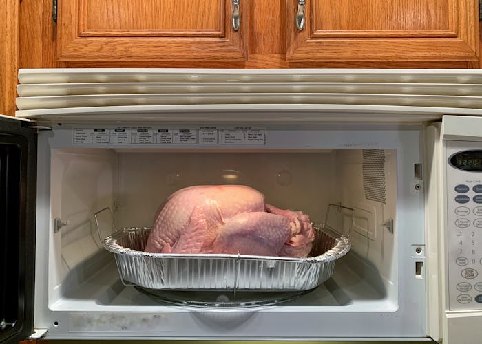a raw turkey in a microwave