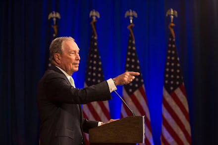 Democratic Presidential candidate Michael Bloomberg answers media questions at the Hilton Hotel on h...