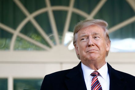 President Donald Trump speaks with members of the press in the Rose Garden of the White House as he ...