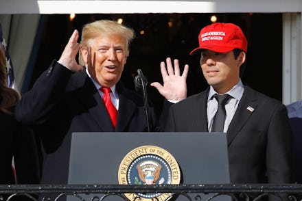 Donald Trump, Kurt Suzuki. President Donald Trump reacts as Washington Nationals catcher Kurt Suzuki...