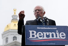 Democratic presidential candidate Sen. Bernie Sanders, I-Vt., gestures during a rally after filing t...