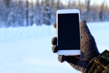 smartphone in hand in the woods