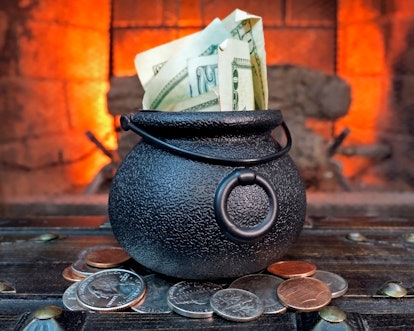 Halloween Cauldron Filled with Money by Fire