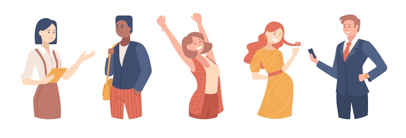 Set of confident people illustrations . Girl celebrating victory, Busineswoman, Flirting man and Smi...