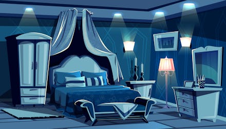 Night bedroom with lamps light illumination vector illustration. Vintage or modern comfortable cozy ...