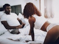 Girl Is Flirting With Boyfriend. Bedroom Concept. Afro American Couple. Home Leisure. Sexy Body. Hea...