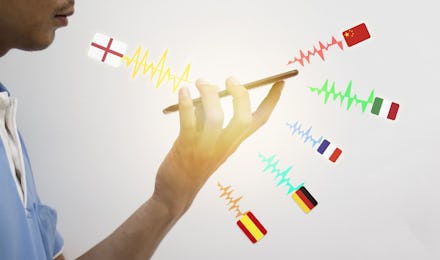 iot, internet of things, translation technology concept, the man holding smart phone and use voice c...
