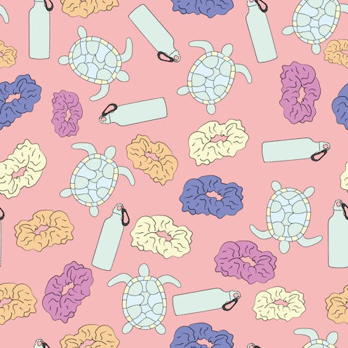 And I Oop Meme Seamless Pattern background with sea turtles, scrunchies and water bottles. Trendy an...