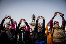 Female demonstrators during the flash mob 'Un violador en tu camino' in protest of violence against ...