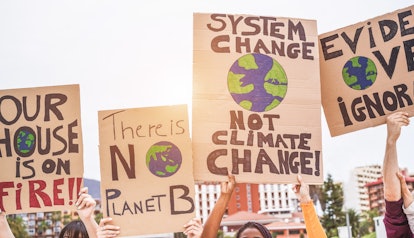 Group of demonstrators on road holding up protest signs calling for climate action