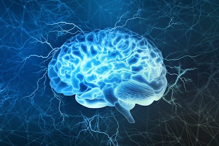 Human brain digital illustration. Electrical activity, flashes and lightning on a blue background.