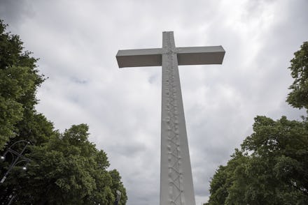 A large cross is put up on the main boulevard at the Brandenburger Tor during the German Protestant ...