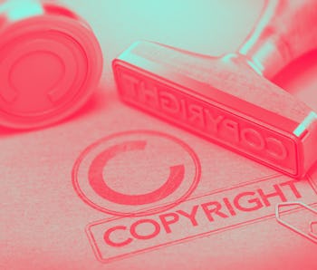 3D illustration of two rubber stamps with copyright word and symbol over kraft paper background, Con...