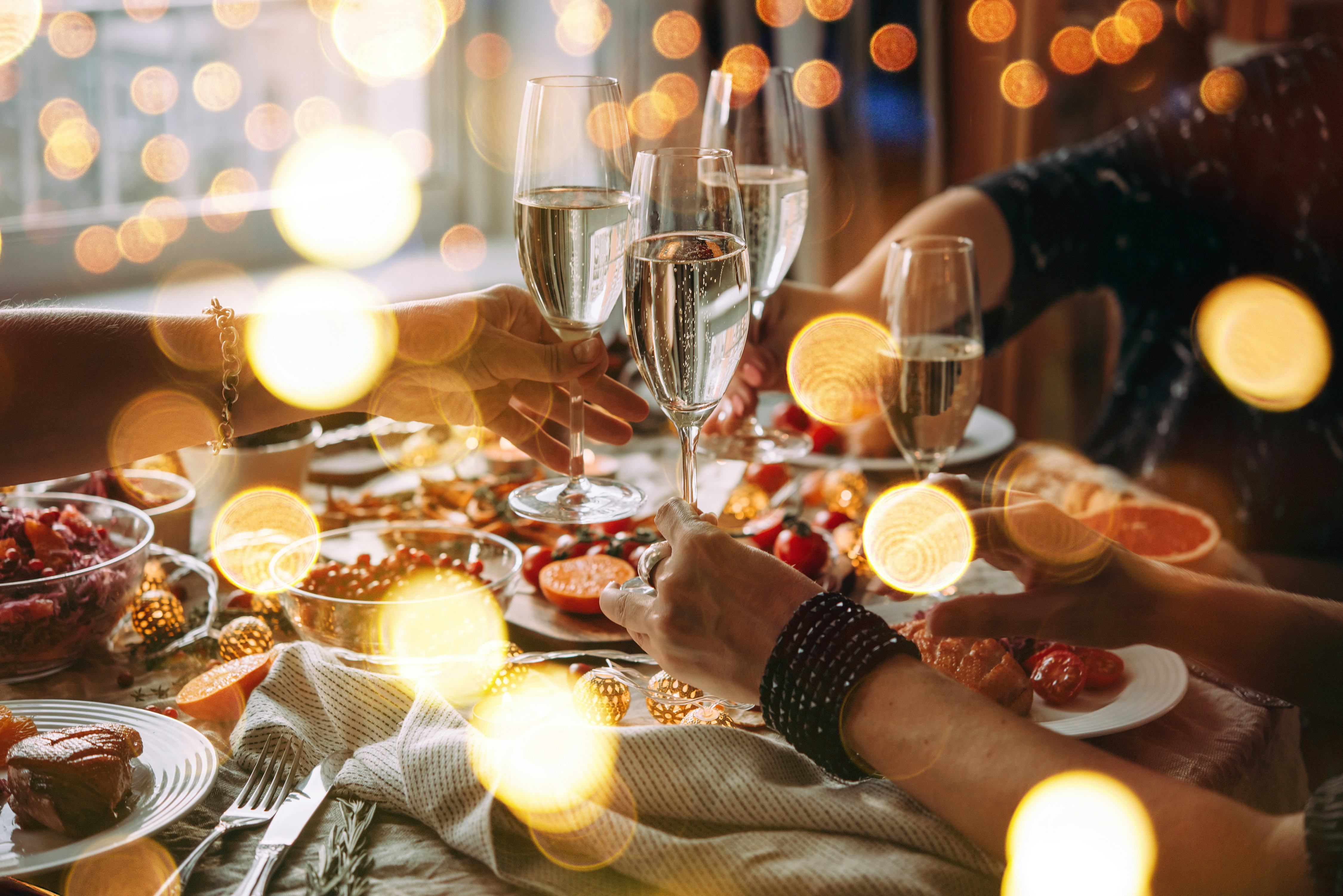 Party table with glasses of champagne on new year's day