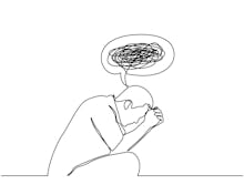 Continuous line drawings of man feeling sad, tired and worried about suffering from depression in me...