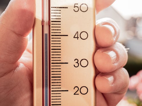 Heatwave in Germany. Someone hold thermometer. 40 degrees celsius