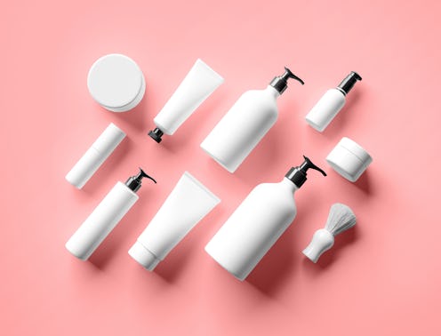 Cosmetic mock up bottles. Branding identity mockup concept.