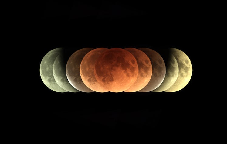 Time series of total Lunar eclipse on 31 January 2018 as it appeared as supermoon at perigee and als...