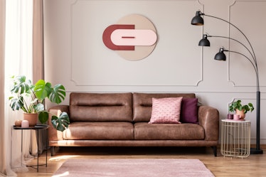 Poster above leather couch with pillows in white flat interior with plants and lamp. Real photo