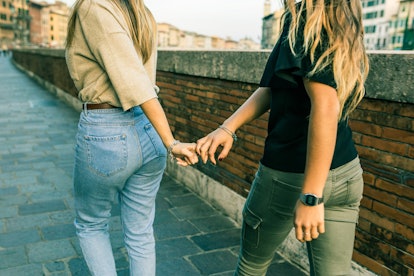 Girls best friends holding hands and walking. Rear view of two teenage girls walking together on the...