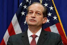 Labor Secretary Alex Acosta speaks at the Department of Labor in Washington. Acosta said Friday he i...