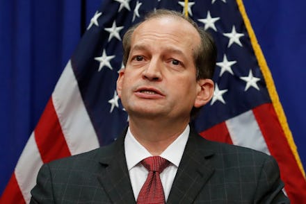 Labor Secretary Alex Acosta speaks at the Department of Labor in Washington. Acosta said Friday he i...