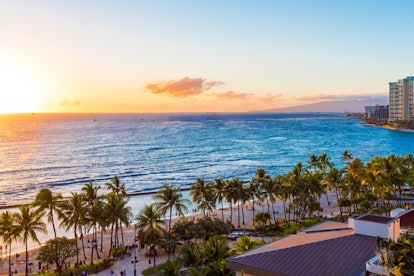 View of the Waikiki beach at sunset, Honolulu, Hawaii. Copy space for text                          ...