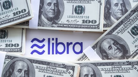 Saraburi, Thailand/ July 2019:Bitcoin coin on a white floor have text libra Concept Used about ...