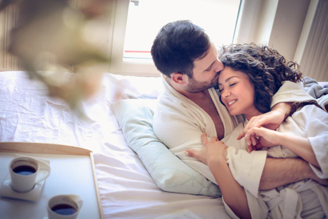 Young couple at morning time. Close up.