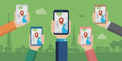 mobile gps navigation service flat illustration.  Hand-holding mobile phone with map application ( T...