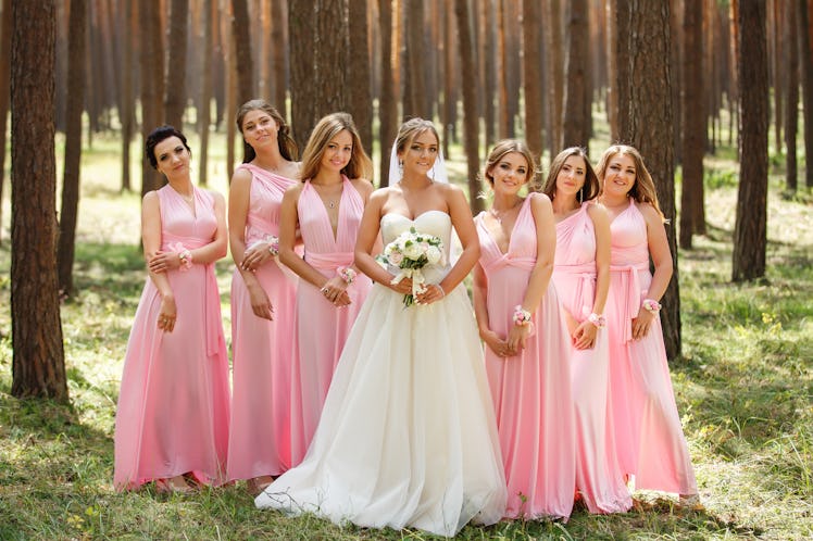 Group portrait of bride and bridesmaids. Stylish wedding in pink color. Marriage concept