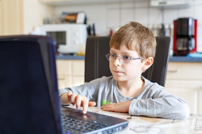 Little school kid boy with glasses playing game and surfing internet on computer. Child having fun w...