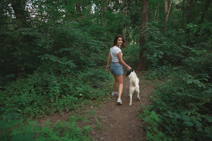 Young modern woman hiking with a dog in the summer landscape. Friendship, people, animals
