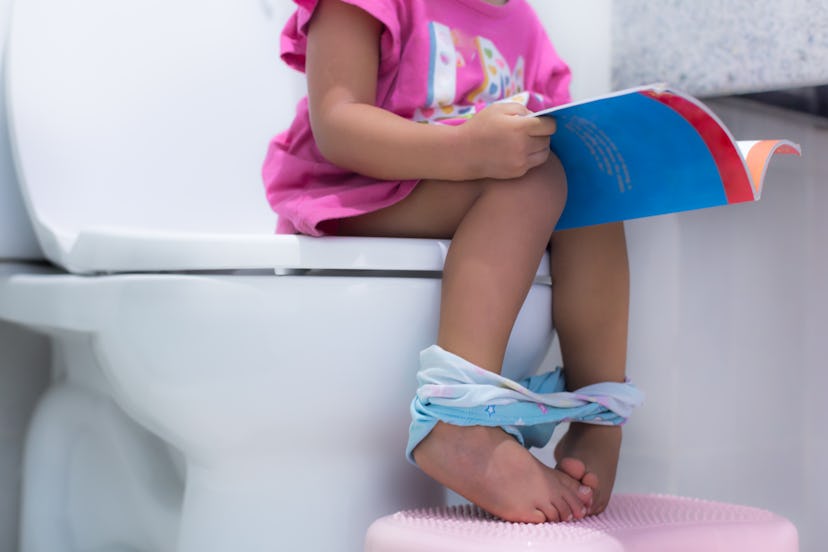 Toddler sitting on the toilet, potty training.