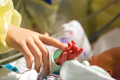 Boy touching the hand of his new infant baby sister at the hospital nursery