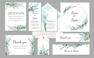 Set Wedding invitation vintage card with leaves and geometric frames. Vector illustration