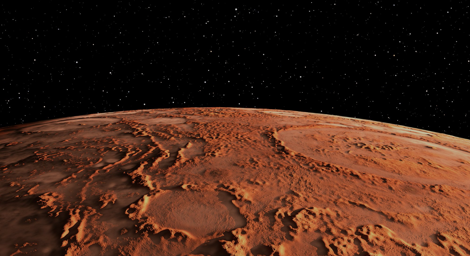 Mars - the red planet. Martian surface and dust in the atmosphere. 3D illustration